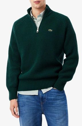 Lacoste Classic Fit Quarter Zip Wool Rib Sweater in Sinople at Nordstrom, Size 9
