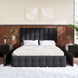 Merax Letto Imbottito 140x200cm Letto Contenitore Letto Matrimoniale Con 4 Cassetti, Testiera Regolabile In Altezza E Doghe In Metallo, Letto Funzionale In 