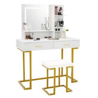 Costway Costway Vanity Table Set Makeup Dressing Table with Cushioned Stool W/ Large LED Mirror in White