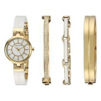Anne Klein Quartz Ladies Gold-Tone and White Ceramic Watch and Bracelet Set AK-2048GXST
