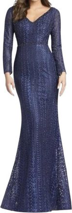 Mac Duggal Womens Long Sleeve Beaded Lace Trumpet Gown In Midnight Blue