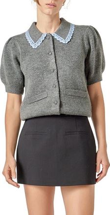 English Factory Lace Trim Puff Sleeve Cardigan in Heather Grey at Nordstrom, Size X-Large