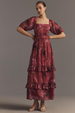 Hutch Puff-Sleeve Square-Neck Belted Tiered Ruffled Maxi Dress