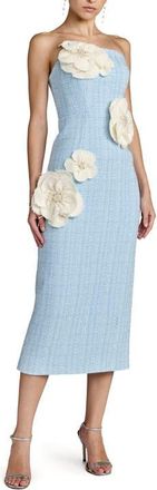 Mac Duggal Strapless Boucle Fitted Midi Dress With 3D Flowers in Powder Blue Multi at Nordstrom, Size 14