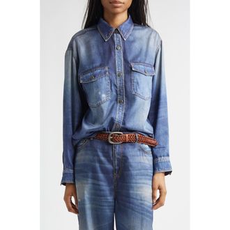 Golden Goose Journey Patty Distressed Twill Button-Up Shirt in Blue at Nordstrom, Size X-Large