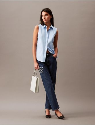 Calvin Klein Womens Stretch Poplin Sleeveless Top - Blue - XS