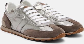 Brunello Cucinelli Monili suede-trimmed metallic leather sneakers