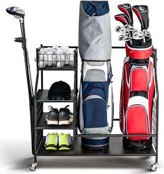Costway Costway - Golf Bag Storage Rack For Garage Double Golf Bag Organizer w/ Lockable Wheels