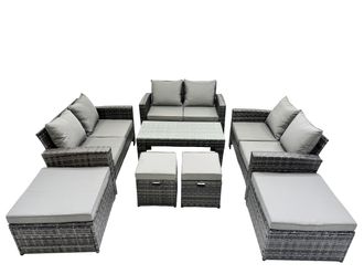 Fimous Outdoor Love Sofa Set &Oblong Coffee Table 4 Stools in Dark Grey