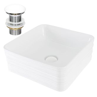 ML Design Lavabo blanco cuadrado de cer&aacute;mica con desag&uuml;e a juego