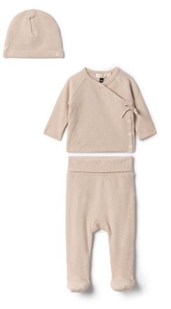 Fragile Girl Ribbed Wrap Long Sleeve Top, Leggings and Hat Set in Sand at Nordstrom, Size 12M