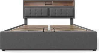 Urban Meuble Cama queen size en tela gris con puerto usb c 160*200cm