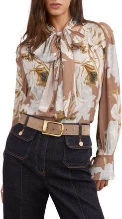 Reiss Maggie Tie Neck Floral Top in Pink/Ivory at Nordstrom, Size 10 Us