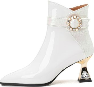 TinaCus Womens Patent Leather Handmade Mid Heel Side Zip Up Gradient Color Ankle Boots, White, 6 UK