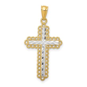 Diamond2Deal 14k Yellow Gold Rhodium Diamond-cut Budded Cross Pendant