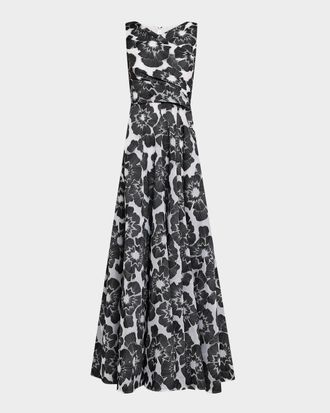 Talbot Runhof Floral Firecracker Organdi Jacquard Sleeveless Gown