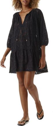 Melissa Odabash Ashley Eyelet Detail Cotton Cover-Up Tunic in Black Fan at Nordstrom, Size Large