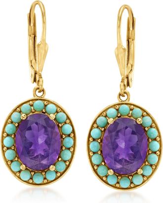 Ross-Simons Turquoise and Amethyst Drop Earrings in 18kt Gold Over Sterling