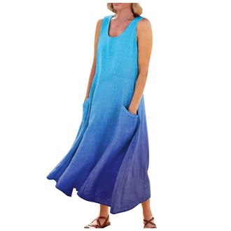Generic UK Dresses Size 6 Casual Gradient Print Round Neck Sleeveless Dresses Maxi A Line Beach Dress with Pockets Size 20 Ladies Dress (Dark Blue, 5XL)