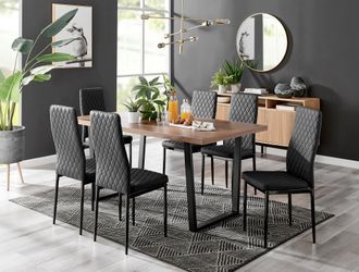 Furniturebox Kylo Large Brown Wood Effect Dining Table & 6 Milan Black Leg Faux Leather Chairs