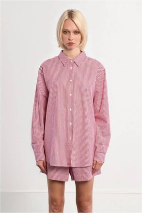 Lili Sidonio x Molly Bracken Oversized Long Sleeve Shirt In Red Striped Cotton