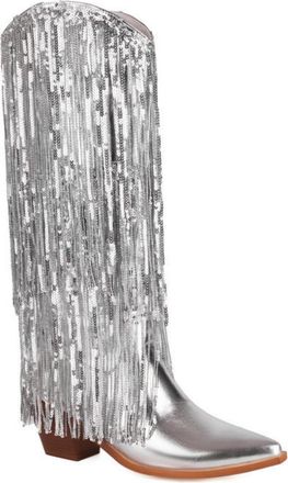 Generic Womens Pointed Toe Tassel Long Boots Pull on Knee High Boots Chunky High Heel Western Cowboy Boot,Silver,7.5 UK