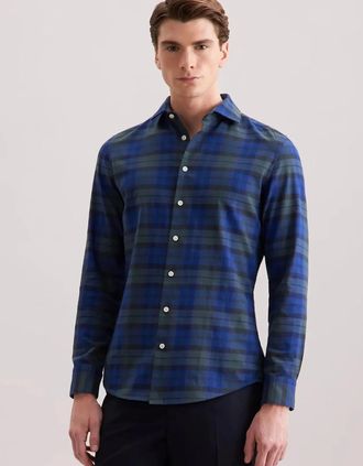 Seidensticker Seidensticker Mens Slim Fit Spread Kent Check Flannel Shirt Dark Blue - Size: 40/Regular