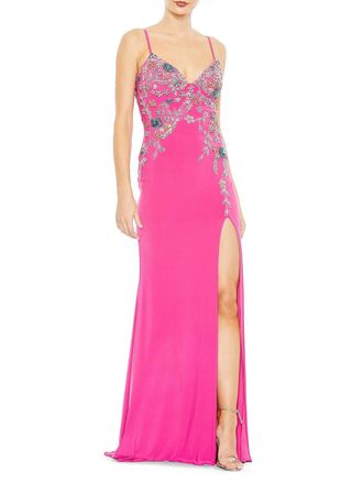 Mac Duggal Floral Crystal Embellished Gown In Hot Pink