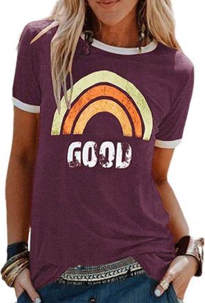 Heekpek Women T-Shirt Tops for Women Sunshine Letter Printed Tops Fashion Tops Ladies Blouse T-Shirt Casual Loose Short Sleeve Shirt Summer Tops, Purple, Size