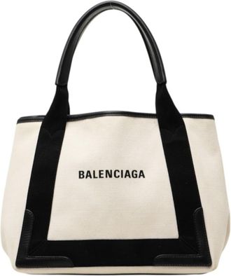Balenciaga Black Ivory Canvas Leather Handbag Tote Bag (Pre-Owned)