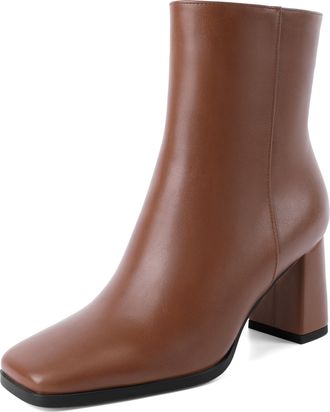 EDEFS Womens Brown Square Toe Ankle Boots - 3 Inches Block Heel Brown Ankle Booties for Women Office & Fashion Wear UK3