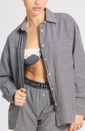 Savage x Fenty Kickback Casuals Pajama Button-Up Shirt in Black Caviar Check Effect at Nordstrom, Size X-Large