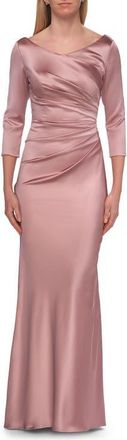 La Femme Satin Three Quarter Sleeve Draped Evening Gown in Mauve at Nordstrom, Size 18