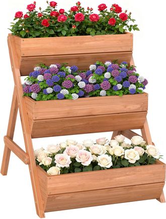 OEM Jardinera De Madera De 3 Niveles Jardinera Elevada Exterior Con Orificios De Drenaje 65x75x76 Cm Marr&oacute;n
