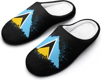 Generic Saint Lucia Flag Grunge Slippers Men Winter Warm Cotton Anti-Slip Indoor Slip-Ons House Shoes