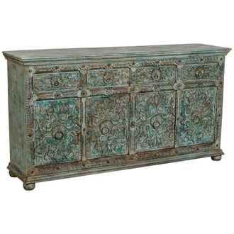 Wanderlust Deco Aparador de madera artesanal tallado a mano azul 180x45x96h cm