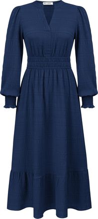 Grace Karin Women Maxi Fall Tunic Dress Long Lantern Sleeve Henley V-Neck Elastic Waist A-Line Tiered Smocked Dress with Pockets Ankle Length Navy Blue XL