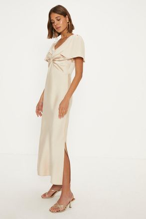 Oasis Womens Satin Twist Front Angel Sleeve Midi Bridesmaids Dress - Champagne - Size 10 UK