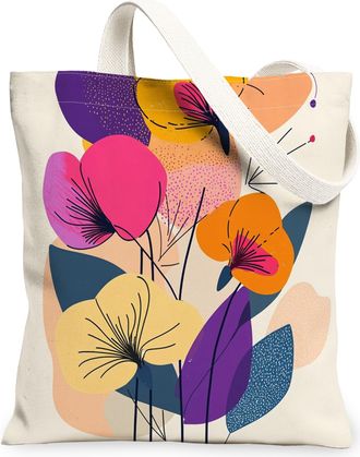 Generic Spring Pansy Flower Canvas Tote Bag for Shopping 13x15, Retro Mid Century Florals Reusable Grocery Print Bag for Women, Fun Funky Beach Aesthetic Pain
