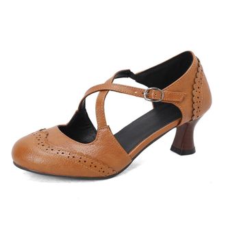 Generic Womens Cross Strap Casual Shoes with Buckle Mid Kitten Heel Retro Dress Shoes Round Toe PU Leather Brogue Shoe,Yellow,10.5 UK