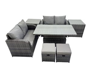 Fimous 6-seater Patio Rattan Garden Furniture Dining Set with 2 Small Stools in Dark Grey
