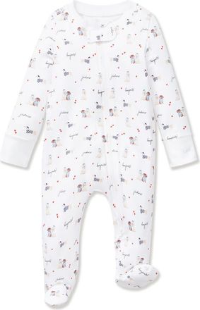 Petite Plume Print Pima Cotton Zip Footie in White at Nordstrom, Size 0-3M