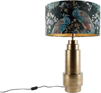 QAZQA Art D&eacute;co L&aacute;mpara De Mesa Terciopelo Bronce Pantalla Verde Pavo Real Con Dorado 50 Cm - Bruut Acero /terciopelo Redonda Adecuado Para Led Max. 1 X 40 W