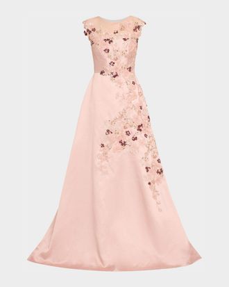 Teri Jon Sequin Floral-Embroidered Jacquard Gown