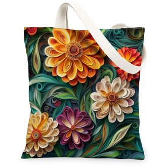 Generic Spring Quilting Paper Zinnia Flower Canvas Tote Bag for Shopping 13x15, Floral Wildflower Reusable Grocery Print Pattern Bag for Women Men, Garden Aes
