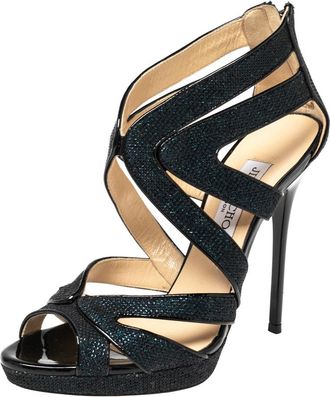 Jimmy Choo London Blue Lam&eacute; Fabric And Glitter Leila Sandals