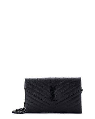 Saint Laurent Black Matelasse Chevron Leather Classic Monogram Wallet On Chain Medium (Authentic Pre-Loved)