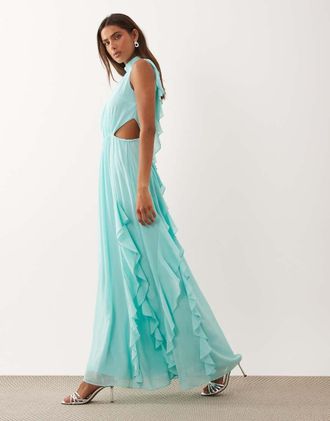 Tfnc Vestito lungo accollato con volant, schiena scoperta e spacco sulla coscia color acqua-Blu