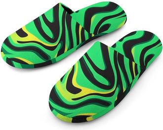Generic Green Zebra Pattern Flannel Mens Slip-on Slippers Winter Warm House Shoes with Rubber Sole for Home Hotel