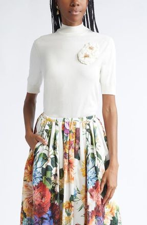 Dolce & Gabbana Floral Brooch Silk Sweater in W0001 Bianco Naturale at Nordstrom, Size 12 Us